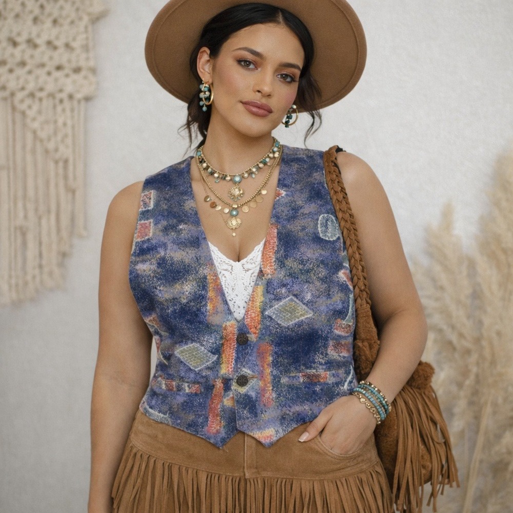 Chico's 10-Year Anniversary VTG Abstract Print Button Front Vest Boho Artwear